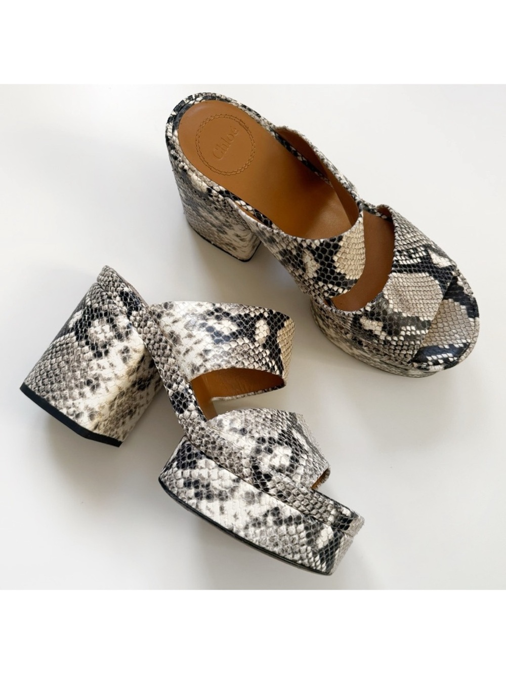 Chloé Odina Mule Snakeskin-Print Platform Block Heel Sandals Black Cream Tan 40